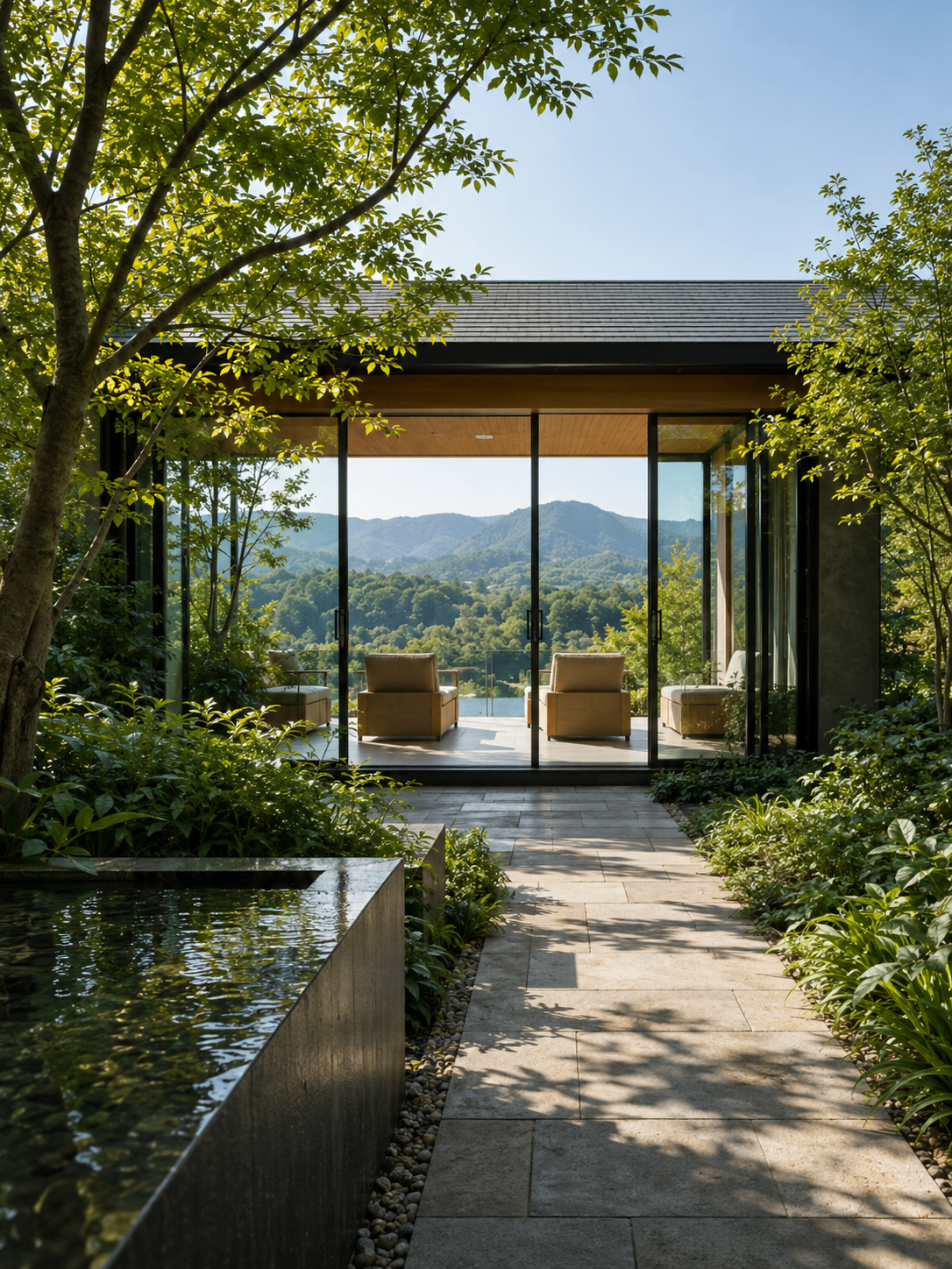 Korean rehabilitation and wellness pavilion with mountain views
