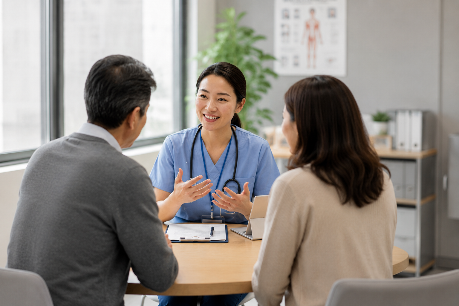 Multilingual medical coordinator consulting with patients