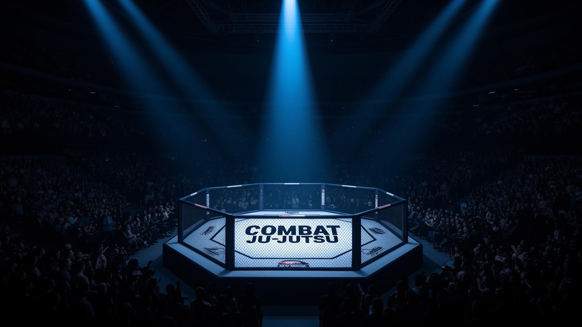 Empty championship arena under a single golden spotlight